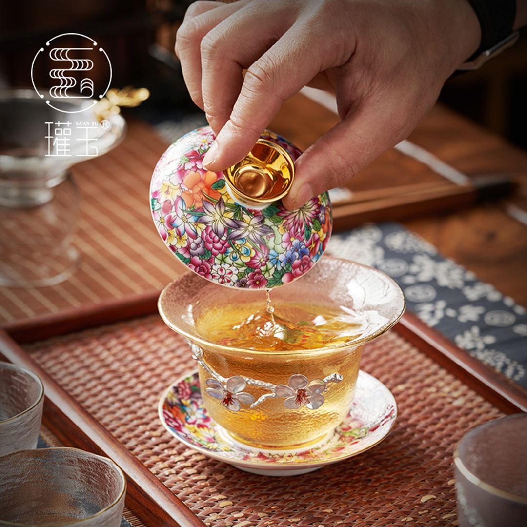 【汀和大福】琺瑯彩玻璃蓋碗茶杯大號鑲 錫三才茶碗茶具套裝